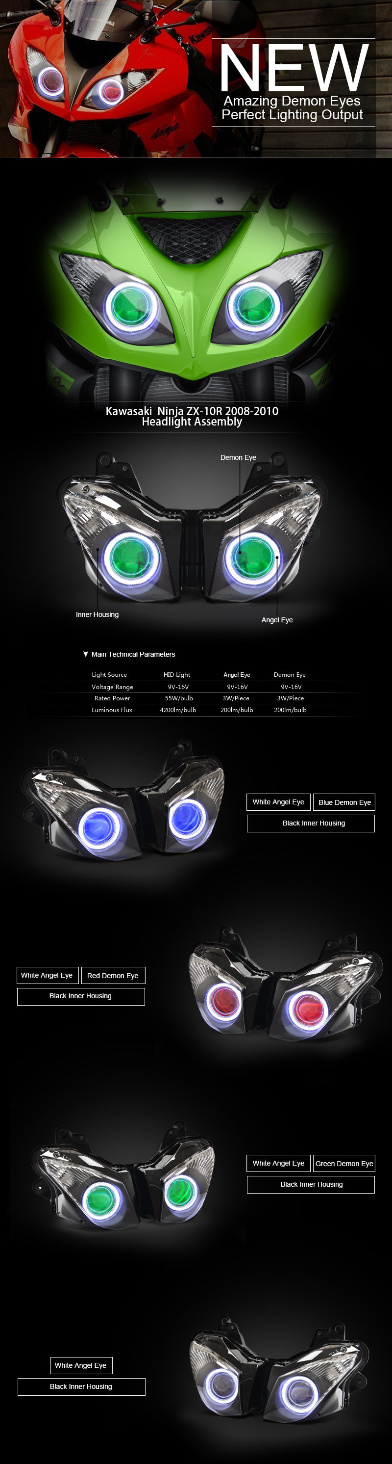 Kawasaki Ninja ZX10R LED Headlight 2008 2009 2010